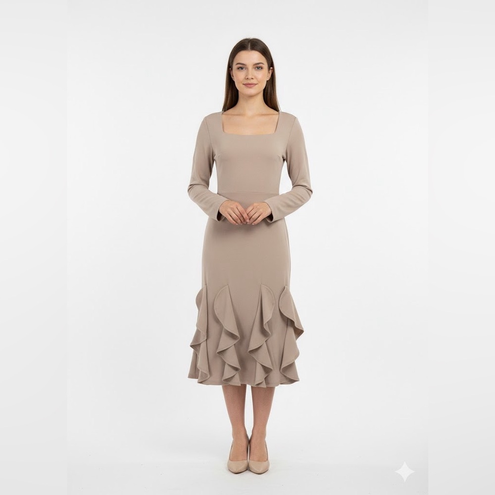 STYLEWE Beige Long Sleeve Ruffle Dress